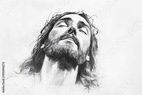 A finely detailed pencil sketch of Jesus Christâ€™s face, with His eyes closed in contemplation, set against a blank white background, providing space for inspirational writing or titles photo