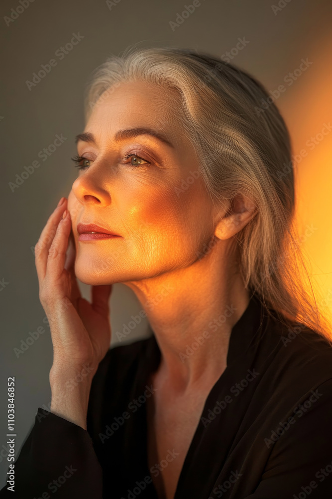 A senior Caucasian woman showcasing her radiant, well-maintained skin while softly placing her hand along her face. The scene is illuminated with golden light to emphasize her beauty A senior Caucasian woman showcasing her radiant, well-maintained skin while softly placing her hand along her face. The scene is illuminated with golden light to emphasize her beauty