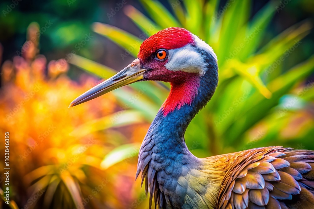 Naklejka premium Stunning Macro Photography of a Crane in Its Natural Habitat, Showcasing Intricate Details of Feathers, Beak, and Surrounding Environment in Vivid Colors and Textures