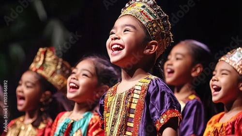 A group of young children in traditional costumes sing and smile brightly during a performance.