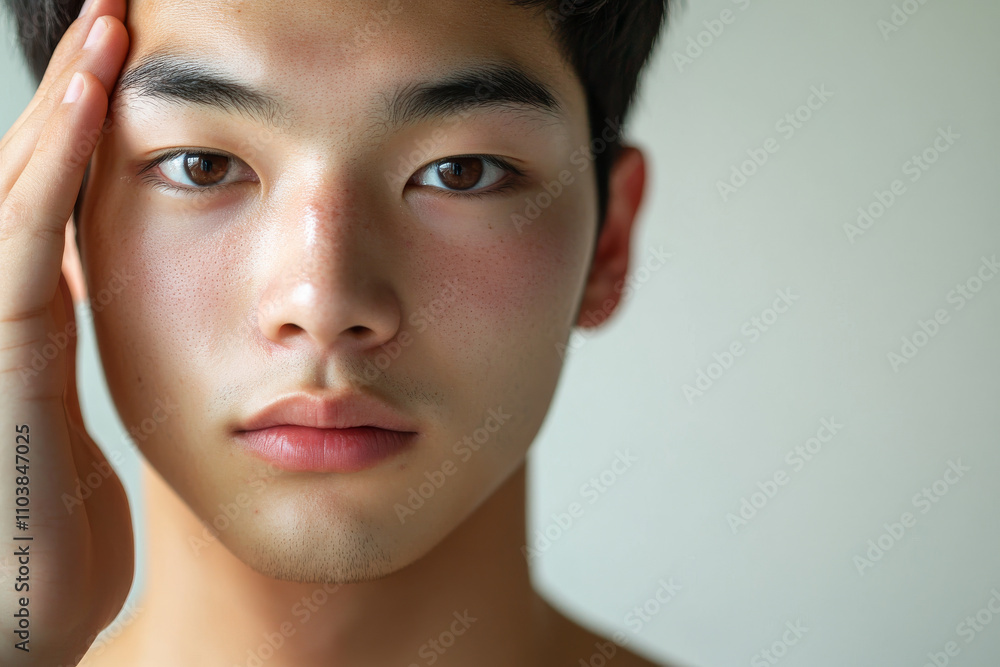 A Japanese young adult man with fresh, dewy skin, lightly brushing his fingers along his temple, emphasizing daily facial care in a contemporary, well-lit studio setup A Japanese young adult man with fresh, dewy skin, lightly brushing his fingers along his temple, emphasizing daily facial care in a contemporary, well-lit studio setup