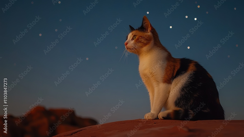 Obraz premium Calico cat stalking stars a serene urban rooftop adventure