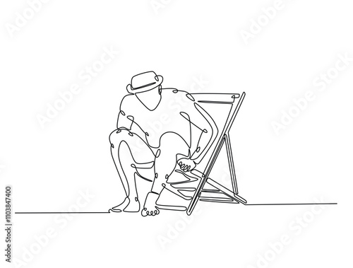 Continuous line drawing art of man lying on beach chair lounger. Man sitting in lounge deck chair draw with single line draw with active stroke.