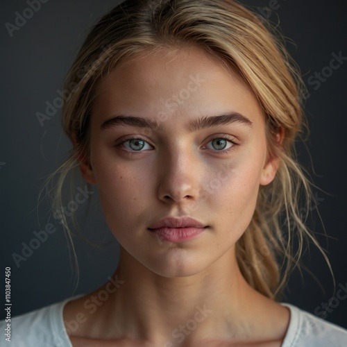 A very delicate and gentle face of a young woman, featuring smooth skin, soft expressions, and a serene, radiant beauty in natural lighting