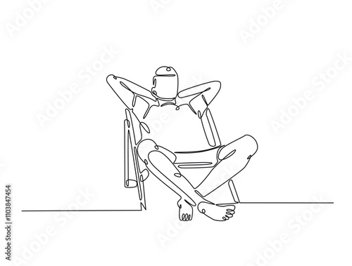 Continuous line drawing art of man lying on beach chair lounger. Man sitting in lounge deck chair draw with single line draw with active stroke.