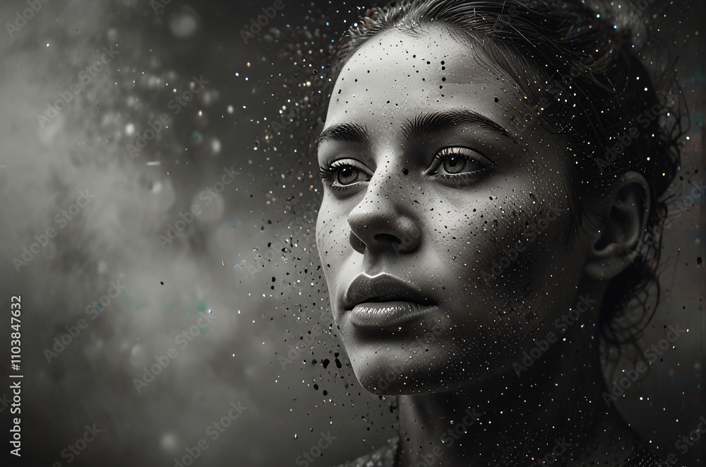 A captivating portrait of a woman surrounded by shimmering particles, evoking a sense of mystery and ethereal beauty. Her serene expression complements the cosmic, enchanting atmosphere. A captivating portrait of a woman surrounded by shimmering particles, evoking a sense of mystery and ethereal beauty. Her serene expression complements the cosmic, enchanting atmosphere.