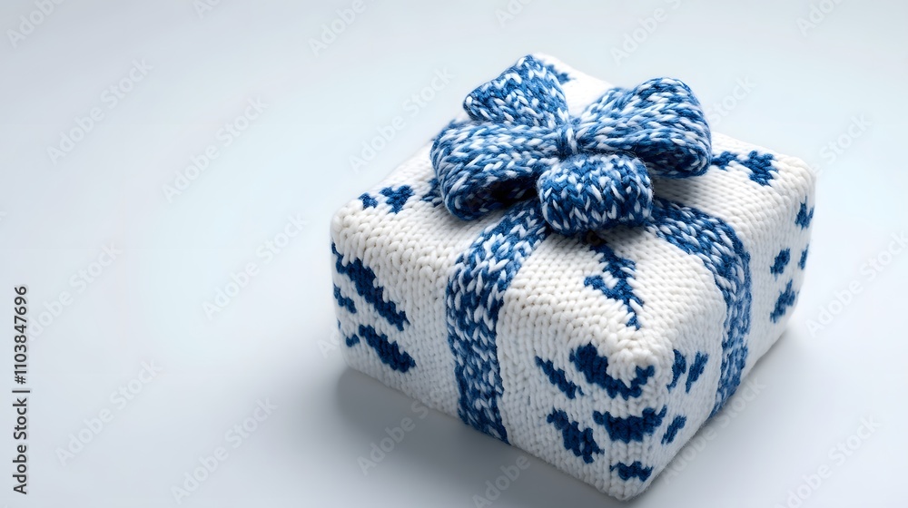 Elegant, hand-knitted gift box, wintery blue and white wool, festive New Year's present. Elegant, hand-knitted gift box, wintery blue and white wool, festive New Year's present.