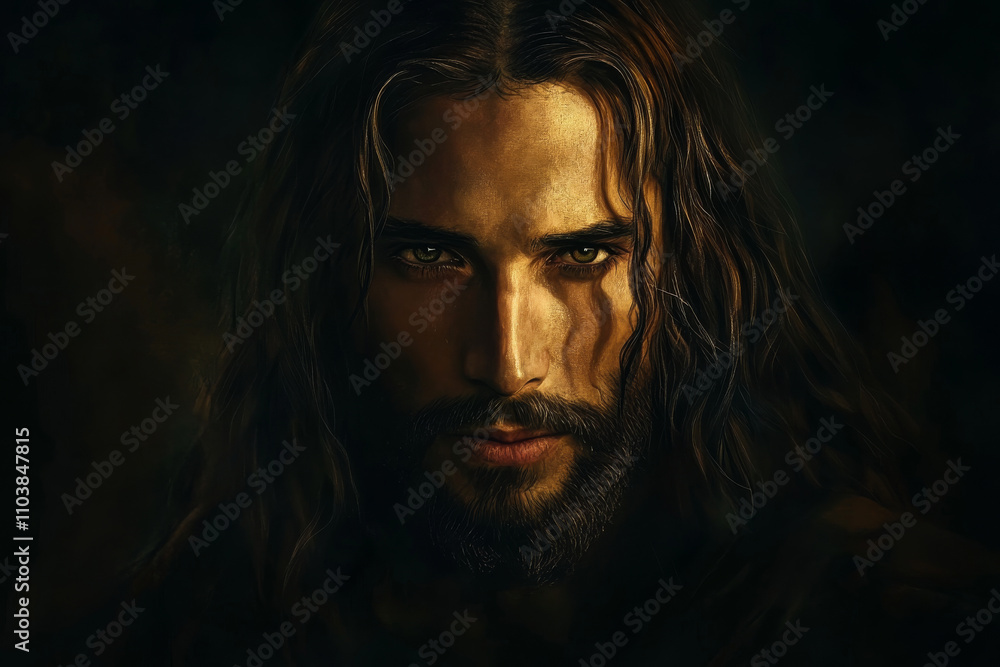 A realistic portrait of Jesus Christ, His face serene and compassionate, with a slight expression of wisdom. The dark background enhances the glow around His face, highlighting His deep, soulful eyes A realistic portrait of Jesus Christ, His face serene and compassionate, with a slight expression of wisdom. The dark background enhances the glow around His face, highlighting His deep, soulful eyes