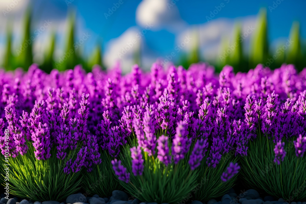 Obraz premium A field of purple flowers with a mountain in the background