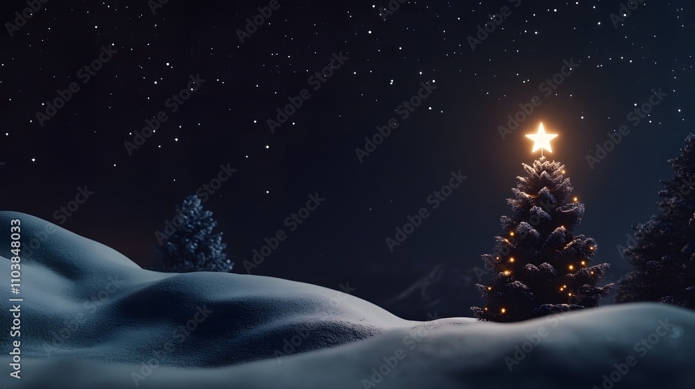 A magical Christmas Eve night: A snow-covered landscape with a glowing Christmas tree under a starry sky. A magical Christmas Eve night: A snow-covered landscape with a glowing Christmas tree under a starry sky.