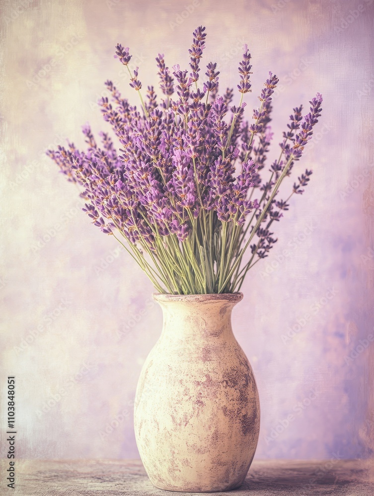 Fototapeta Lavender in a Rustic Vase - Serene lavender bouquet in a vintage vase, symbolizing tranquility, purity, relaxation, romance, and nature.