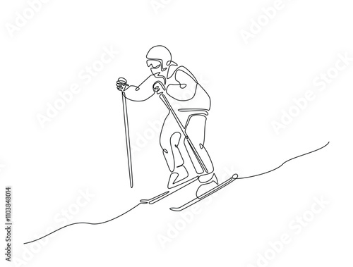 Continuous line drawing art of ski winter sports. Ski sport in single line draw with active stroke.