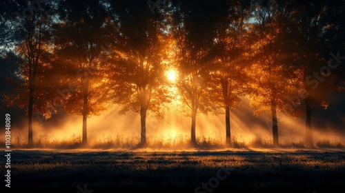 Majestic Sunrise Rays Illuminating Autumn Trees in a Picturesque Landscape with Mist Shrouding the Ground and Creating a Dreamlike Atmosphere