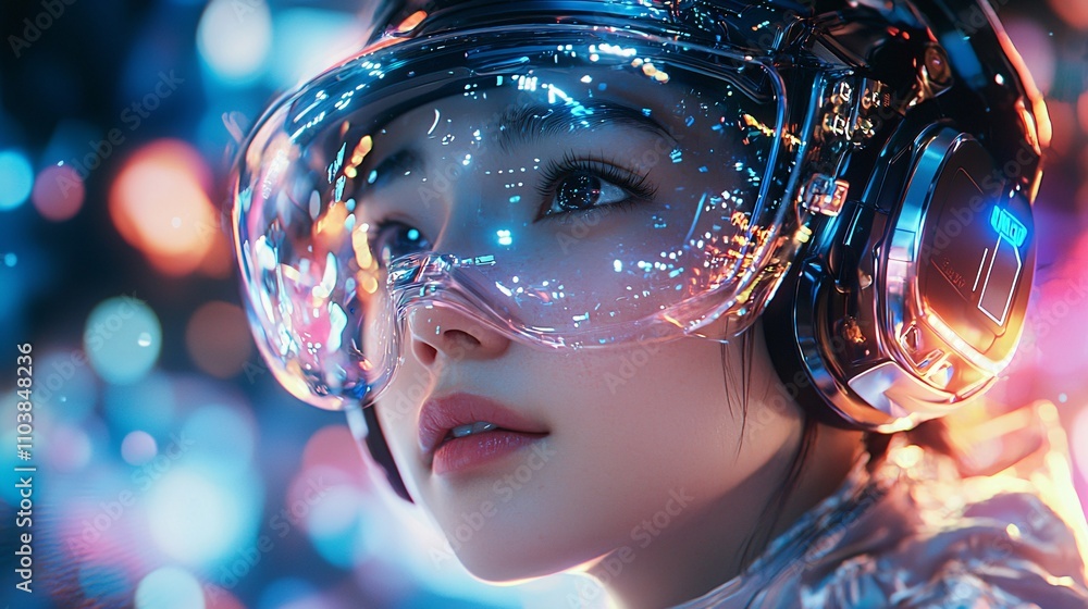 Virtual reality developer adjusting VR headset, immersive lab setting, futuristic technology, vibrant colors, macro lens capture, Virtual reality developer adjusting VR headset, immersive lab setting, futuristic technology, vibrant colors, macro lens capture,