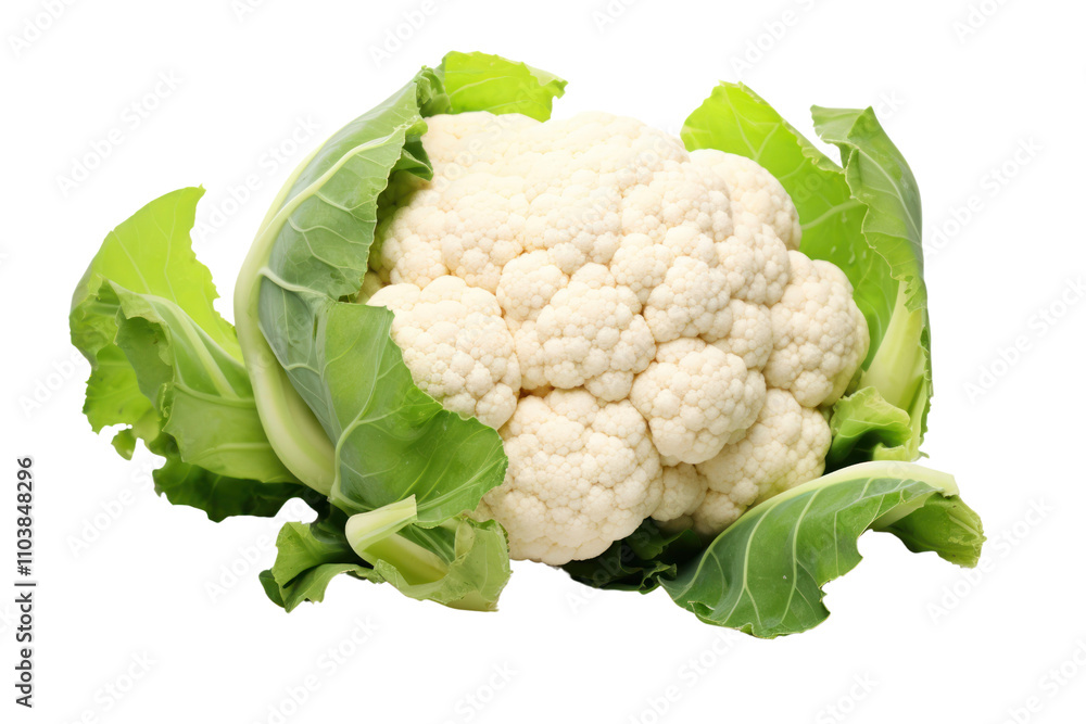 Fresh, vibrant cauliflower with lush green leaves surrounding its creamy white florets, showcasing its organic texture and natural beauty. Fresh, vibrant cauliflower with lush green leaves surrounding its creamy white florets, showcasing its organic texture and natural beauty.