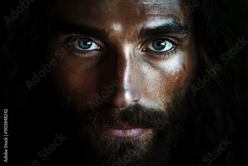 A close-up, realistic portrait of Jesus Christ, with His eyes filled with love and understanding. The dark background contrasts with the soft, warm light illuminating His face, bringing out the gentle