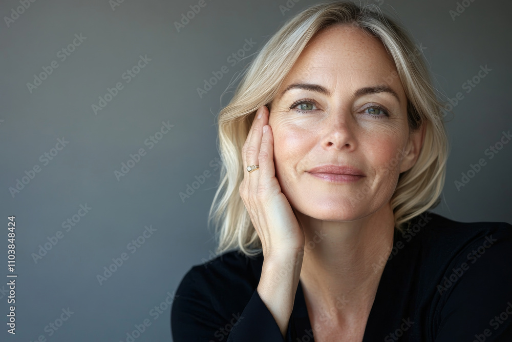 A middle-aged Caucasian woman with radiant skin touching her cheek with a thoughtful expression, surrounded by a minimalist background and warm, natural lighting A middle-aged Caucasian woman with radiant skin touching her cheek with a thoughtful expression, surrounded by a minimalist background and warm, natural lighting