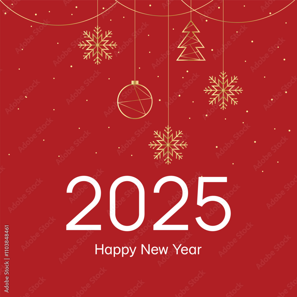 Naklejka premium 2025 happy new year square banner. White number on the red background with garland with golden snowflakes and balls. 