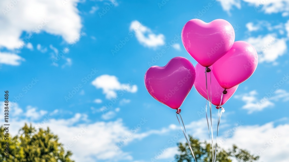 Pink heart balloons float against a bright blue sky. Pink heart balloons float against a bright blue sky.