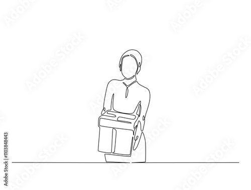 Continuous line drawing art of women holding present box or gift box. Birthday, thanks giving, xmass concept in single line draw with active stroke.