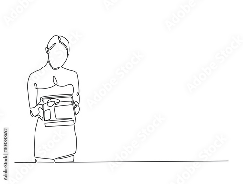 Continuous line drawing art of women holding present box or gift box. Birthday, thanks giving, xmass concept in single line draw with active stroke.
