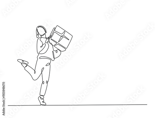 Continuous line drawing art of women holding present box or gift box. Birthday, thanks giving, xmass concept in single line draw with active stroke.