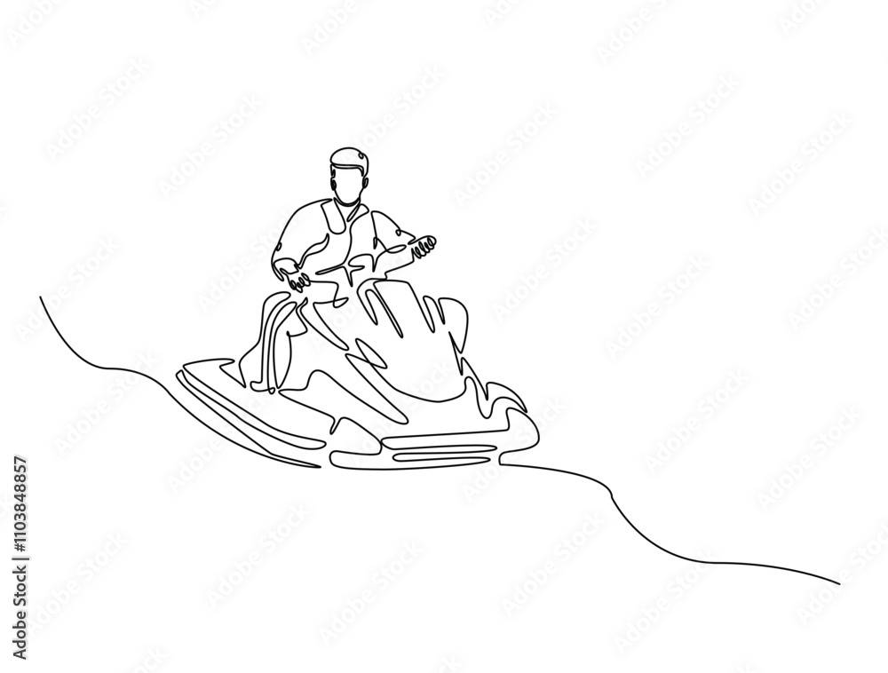 Fototapeta premium Continuous line drawing art of jet ski water sport. Man man driving a jet ski in single line draw with active stroke.