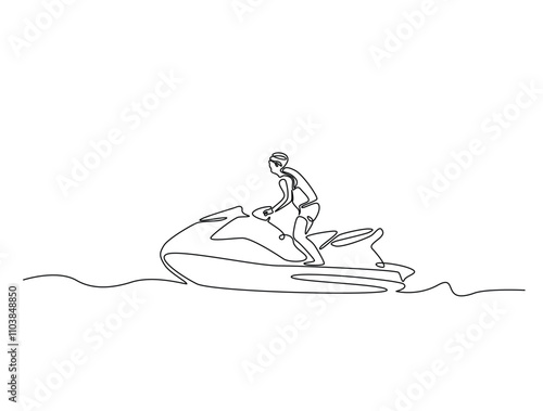 Continuous line drawing art of jet ski water sport. Man man driving a jet ski in single line draw with active stroke.