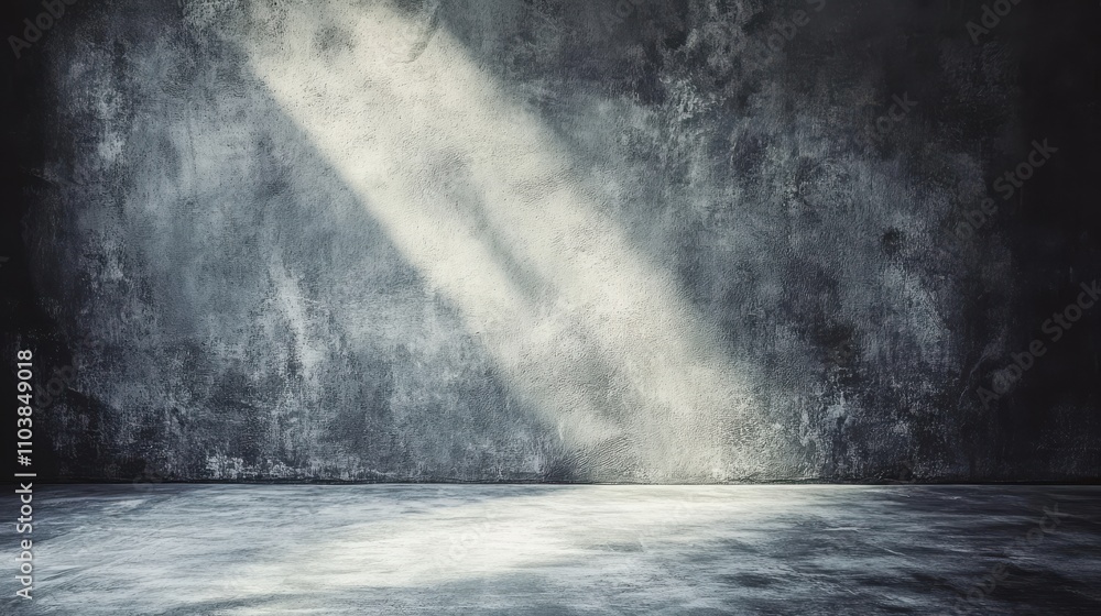 Dramatic light beams illuminate a textured concrete wall and floor, creating a moody atmosphere. Dramatic light beams illuminate a textured concrete wall and floor, creating a moody atmosphere.