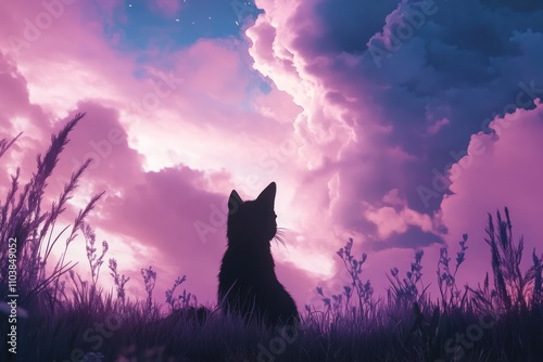 A silhouette of a cat gazing at a colorful sunset with dramatic clouds.
