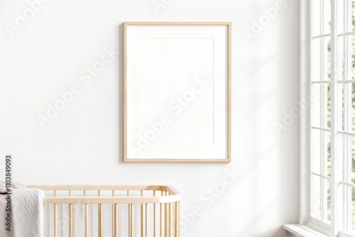 Bright and modern nursery with natural wooden crib, minimal decor, and an empty poster frame for mockup on a white textured wall