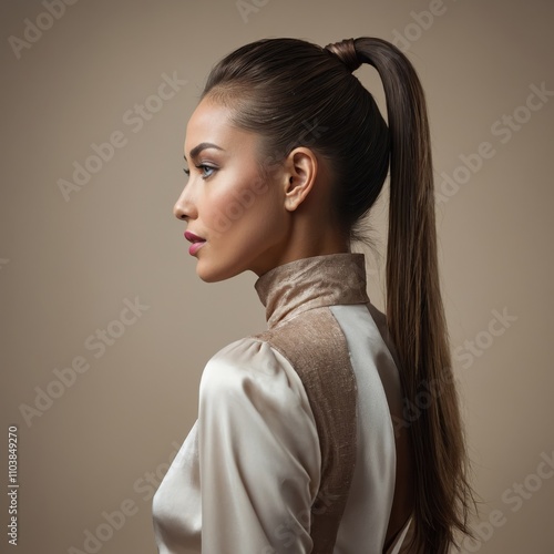 An elegant, beautiful woman with a sleek ponytail hairstyle, exuding confidence and grace with a sophisticated and stylish look