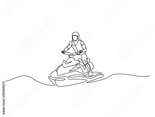 Continuous line drawing art of jet ski water sport. Man man driving a jet ski in single line draw with active stroke.