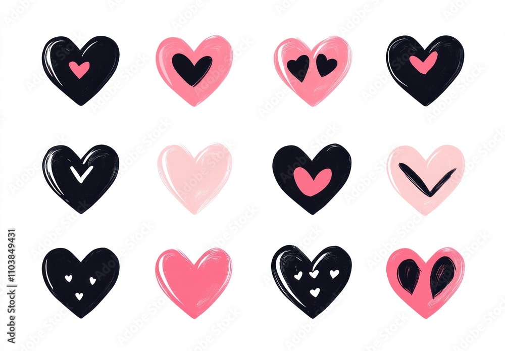 Here's a description and keywords for your image.. Collection of hand-drawn hearts in pink and black. Here's a description and keywords for your image.. Collection of hand-drawn hearts in pink and black.
