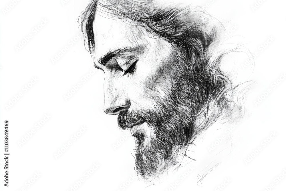 A finely detailed pencil sketch of Jesus Christ’s face, with His eyes closed in contemplation, set against a blank white background, providing space for inspirational writing or titles A finely detailed pencil sketch of Jesus Christ’s face, with His eyes closed in contemplation, set against a blank white background, providing space for inspirational writing or titles