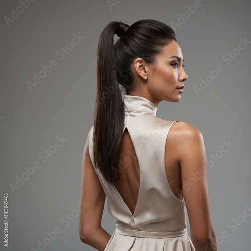 An elegant, beautiful woman with a sleek ponytail hairstyle, exuding confidence and grace with a sophisticated and stylish look