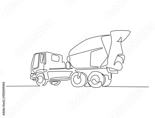 Continuous line drawing art of cement mixer delivery truck. Mixer truck in single line draw with active stroke.
