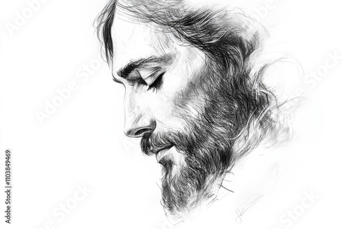 A finely detailed pencil sketch of Jesus Christâ€™s face, with His eyes closed in contemplation, set against a blank white background, providing space for inspirational writing or titles photo