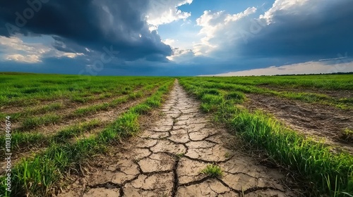 Dry Cracked Earth Pathway Through Green Grass Under Dramatic Sky