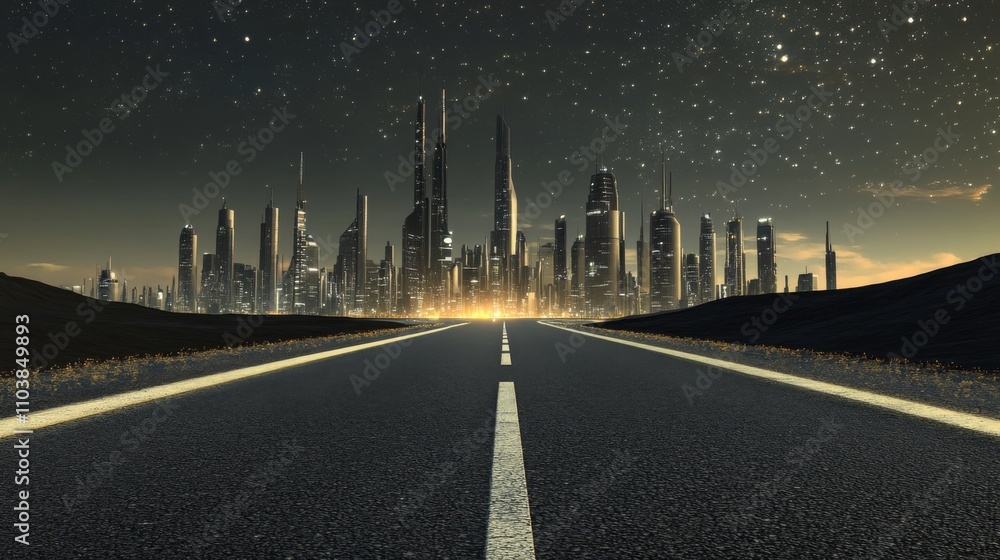 Obraz premium Awe-Inspiring Futuristic Cityscape at Dawn: A Majestic Panorama of Skyscrapers and Empty Road