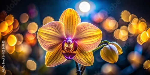 Stunning Night Photography of a Yellow Orchid Flower Isolated Against a Dark Backdrop, Perfect for Nature Lovers and Floral Enthusiasts Seeking Unique PNG Images