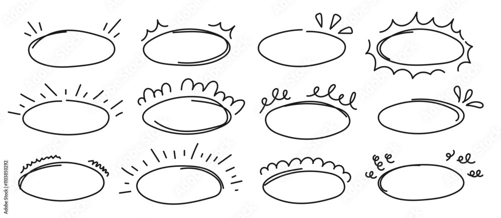 Fototapeta premium Doodle circle brackets for quotation with sparkle ray elements. Drawn speech oval with burst line. Design elements