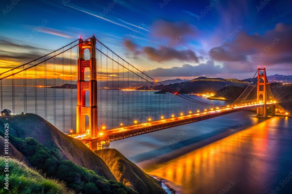 Obraz premium Stunning Nighttime View of San Francisco's Golden Gate Bridge with Twinkling Skyline from Moore Rd Pier, Capturing the Essence of California's Iconic Landmarks in Low Light Photography
