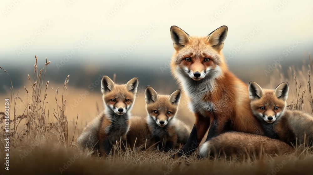 Red fox family in a field with tall grasses, consisting of an adult fox and four fox cubs sitting and observing the surroundings in a natural habitat during daytime. Red fox family in a field with tall grasses, consisting of an adult fox and four fox cubs sitting and observing the surroundings in a natural habitat during daytime.