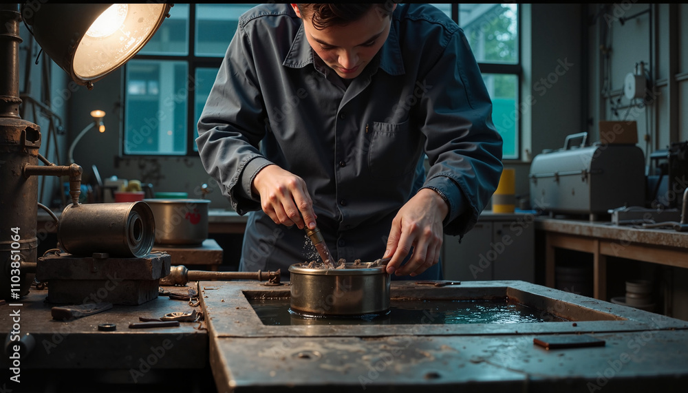 Focused young man, industrious mood, working with tools, in a workshop setting Focused young man, industrious mood, working with tools, in a workshop setting