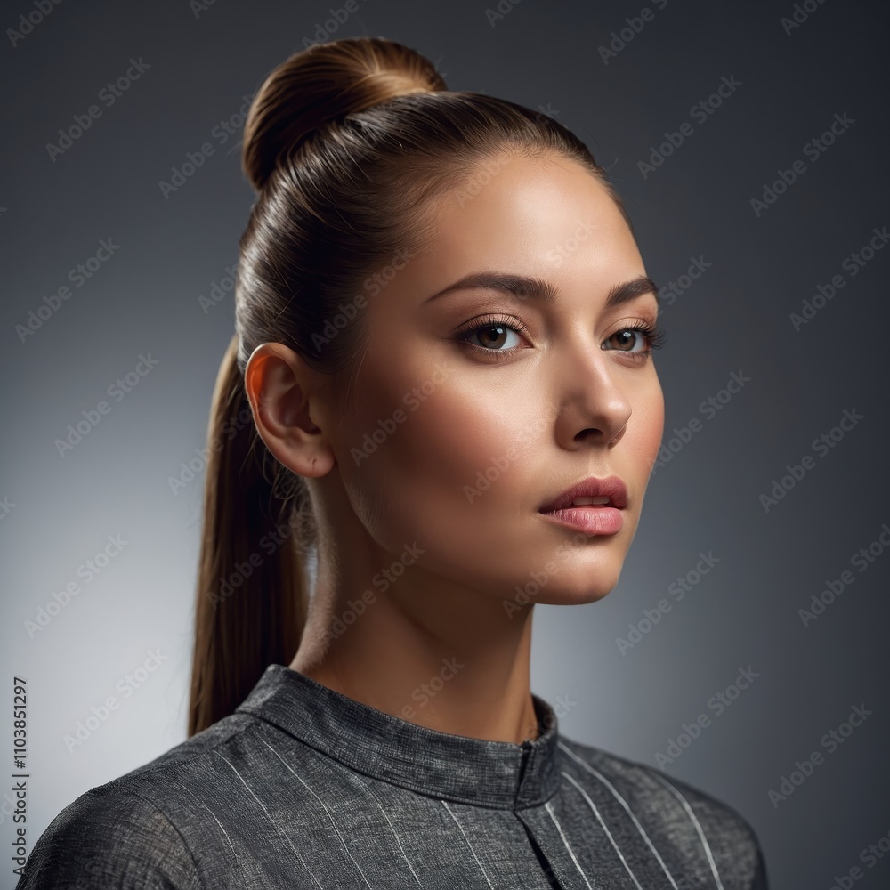 Naklejka premium An elegant woman with a sleek ponytail hairstyle, exuding confidence and sophistication, dressed stylishly against a minimalist background