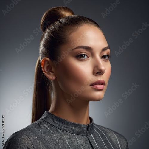 An elegant woman with a sleek ponytail hairstyle, exuding confidence and sophistication, dressed stylishly against a minimalist background