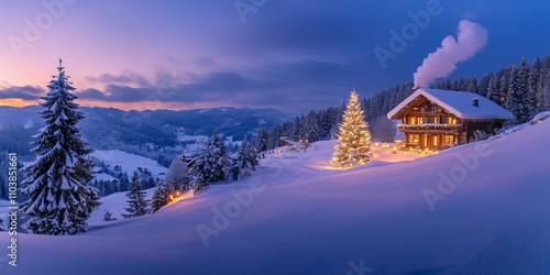 a christmas tree with candles stands in the snow next to a lonely romantically lit hut in mountains