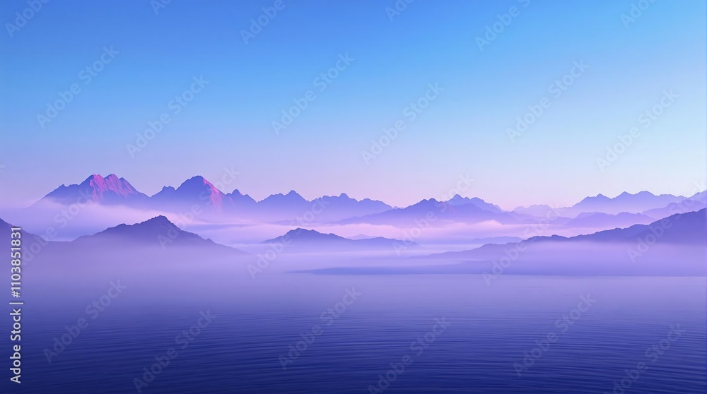 Blue and purple misty mountains with a lake in the distance, mist, lake, nature, scenery, water Blue and purple misty mountains with a lake in the distance, mist, lake, nature, scenery, water