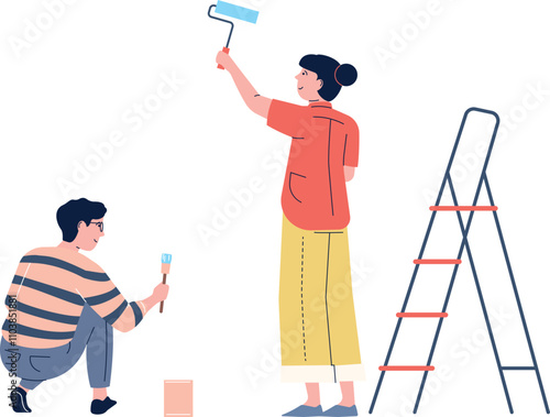 A man and a woman are painting a wall together